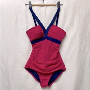 Boden 💕 Pretty Bright Pink & Blue Ruched One Piece Suit w/ Bra Cups, Flattering